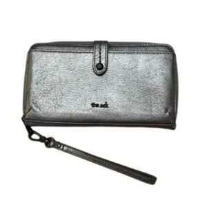 The Sak Metallic Silver Zip Around Wristlet Wallet Clutch